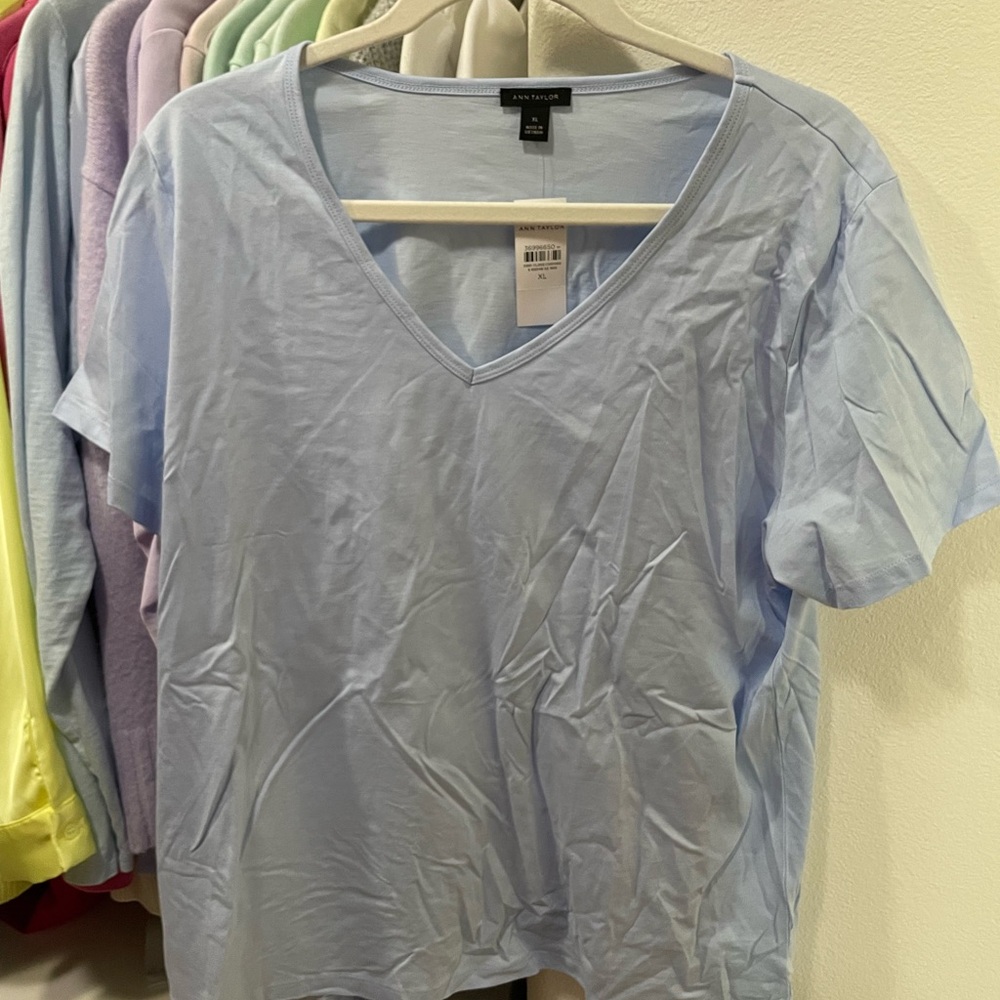 Ann Taylor Light Blue V-Neck Short Sleeve Top
